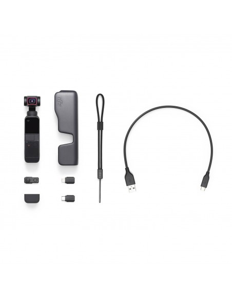 Contenido de Osmo Pocket 2 DJI Gimbal: minipalanca, Funda, cable, soporte, correa, adaptador de smarthphone y USB-C.
