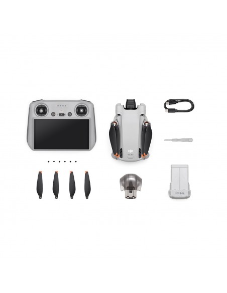 Drone DJI Mini 3 Pro RC Smartcontroller y todas sus piezas dispuestas sobre un fondo blanco