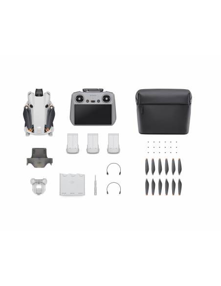Drone DJI Mini 4 Pro Fly More Combo Plus (DJI RC 2) + Kit con todas sus partes y piezas dispuestas sobre un fondo blanco.