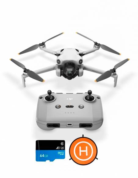 Drone DJI Mini 4 Pro + Kit con su control remoto, tarjeta microSD de 64 GB y landing pad.