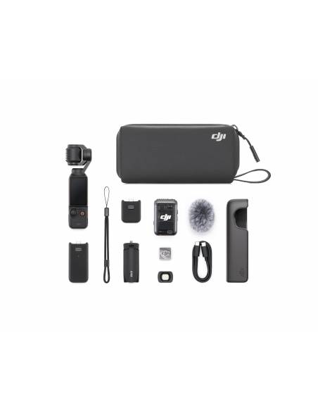 Osmo Pocket 3 DJI Combo Creator: cámara, cables, mango, funda lente gran anular, clip y micrófonos.