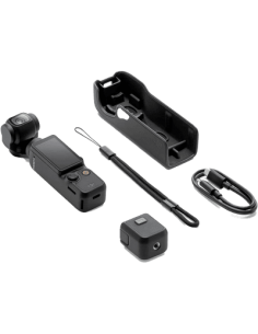 Osmo Pocket 3 DJI: cámara con estabilizador, contenid: cables, funda, mango, lente, clip y micrófonos.